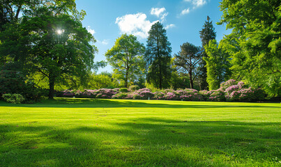 Naklejka premium Sunny Summer Day in a Green Park with Trees, Lawn, and Flower Bushes Blooming Under Clear Blue Sky - Nature, Relaxation, Tranquility, and Outdoor Recreation Concept