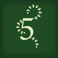 Premium leaf typography, number 5 logo. Symbol icon design. Unique wedding invitation and leaf combination. Flat Vector Design.