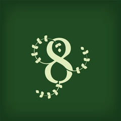 Premium leaf typography, number 8 logo. Symbol icon design. Unique wedding invitation and leaf combination. Flat Vector Design.