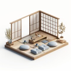 3D Render of a Zen study room with floor cushions and a low writing desk, on isolated white background, Generative AI