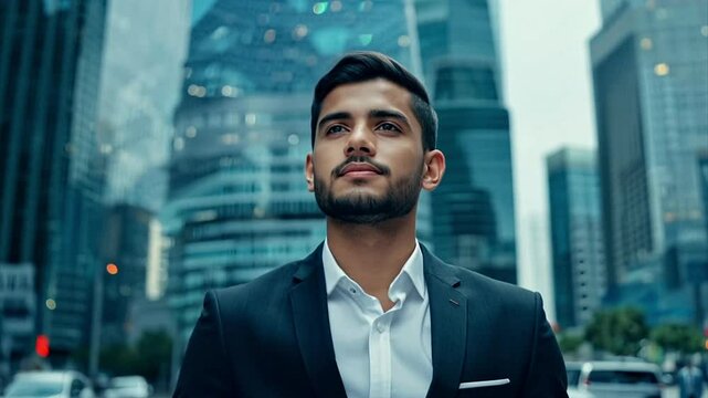 Booming down as a confident young Indian male business executive looks up with skyscrapers overhead during the day.