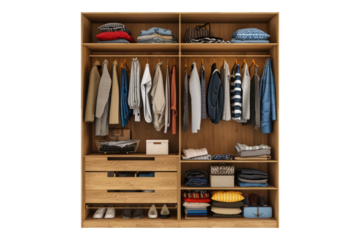 Wardrobe with clothes and accessories isolated on transparent background