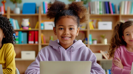 Smiling little African American girl with curly hair in lilac hoodie sitting with laptop in school library. Scholl, education concept.