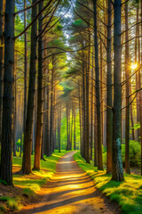 Fototapeta premium Tranquil Forest Path with Lush Green Trees and Sunlight Filtering Through Canopy.
