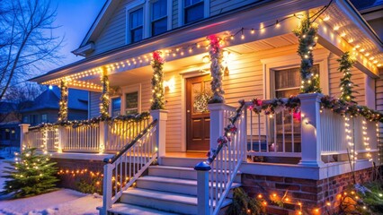 Fototapeta premium Colorful twinkling string lights adorn the exterior of a festive snow-covered suburban house with icicles hanging from the roof.