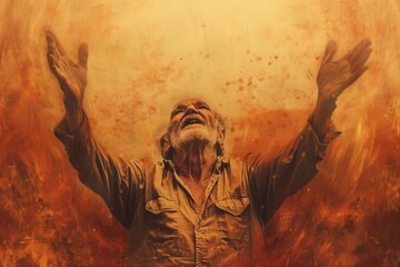 Naklejka premium Old man stands in front of vibrant fire with arms raised. Wears brown shirt, sense of awe reverence towards flames. Orange, red hues create contrast against attire. Man, fiery spectacle focus.
