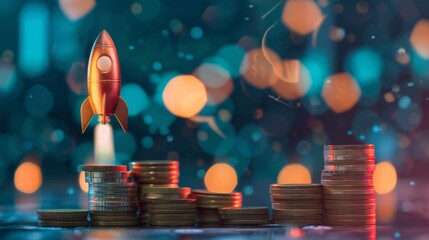 A small rocket launching from stacks of coins, symbolizing financial growth and investment. Abstract bokeh background with blue and orange lights.