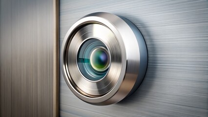 Modern silver peephole with circular lens on bright metal door, detailed 3D rendering, isolated on transparent background.