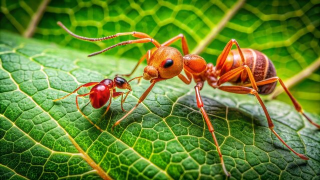 Macro shot of a red ant, Mandevillea spp., tends to aphid, Streptomyces spp., on a fresh green leaf's surface.