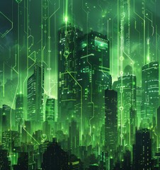 Obraz premium Futuristic Smart Cyber City illustration: Innovative Urban Landscape in Digital Circuitry, futuristic technology concept, Graphic Resources, Wallpapers, Brochure, Websites, banner design, Advertising,