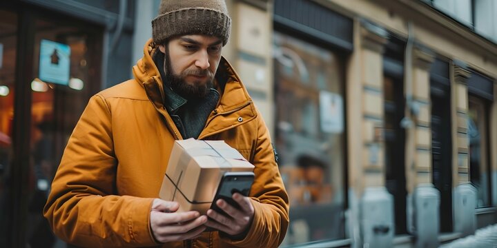 Young Man Using Smartphone to Track Real Time Package Delivery for Efficient E Commerce Experience
