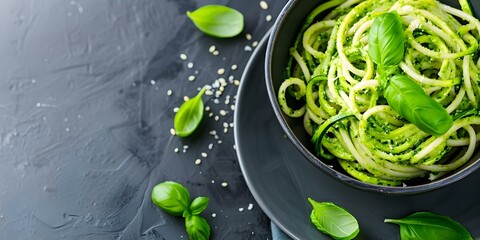 Obraz premium Healthier Twist Avocado Pesto Zoodles with a Fresh Take on Classic Pasta Dishes. Concept Delicious, Avocado, Pesto, Zoodles, Healthy Mediterranean