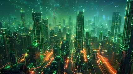Obraz premium Futuristic Smart Cyber City illustration: Innovative Urban Landscape in Digital Circuitry, futuristic technology concept, Graphic Resources, Wallpapers, Brochure, Websites, banner design, Advertising,