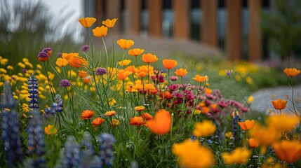 Vibrant wildflowers flourish in a lush urban green space, representing biodiversity in the middle of a bustling city