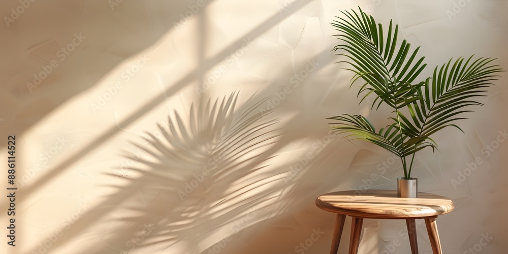 Sticker green leaf on wooden furniture with decorative shadows on beige wall for showcase display