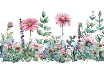 Romantic watercolor border featuring wildflowers including daisies and lavender with various green leaves