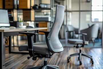 Professional executive revolving chair in sleek steel gray, featuring breathable mesh back and adjustable armrests, rear diagonal view, in a modern workspace. 
