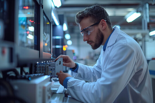 An engineer calibrates a device using the latest technology in a modern laboratory. Authentic workflow.