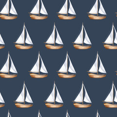 Sailing ship vintage style watercolor seamless pattern isolated on white. Sailboat, vessel, sea transport hand drawn endless background. Childish nautical design for boy's room, textile