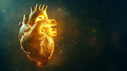 Golden illuminated anatomical heart with glowing veins on dark background filled with particles. Medical and scientific concept.
