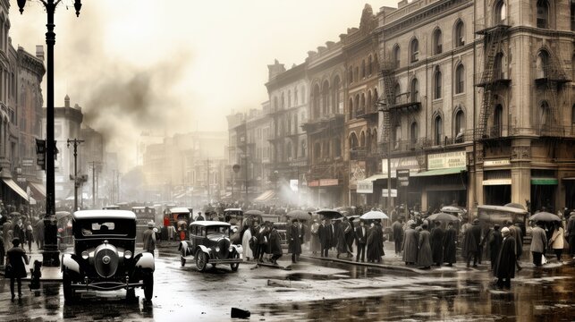 Fototapeta 1930s italian gangsters by classic car in chicago city   contemporary art collage