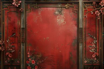 Red wooden door with golden decorations and floral ornaments, representing traditional chinese style