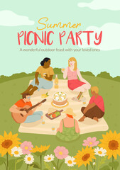 Summer picnic party with friends, floral landscape and foods, vector illustration cartoon