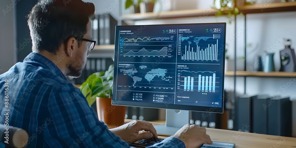 Poster digital marketing analyst reviewing metrics on computer screen for data driven business insights