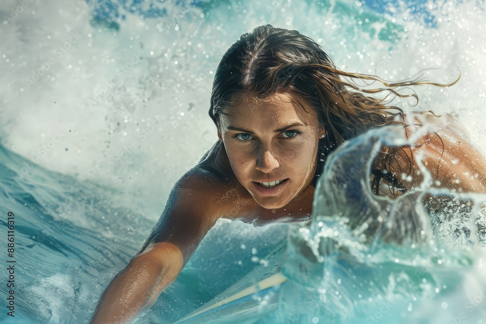 Poster a woman riding a wave on top of a surfboard