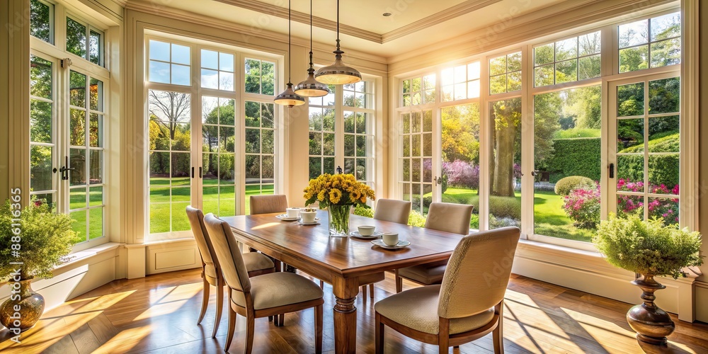 Sticker Bright and sunlit dining room with a large window overlooking a garden , sunlight, cozy, interior design, table setting