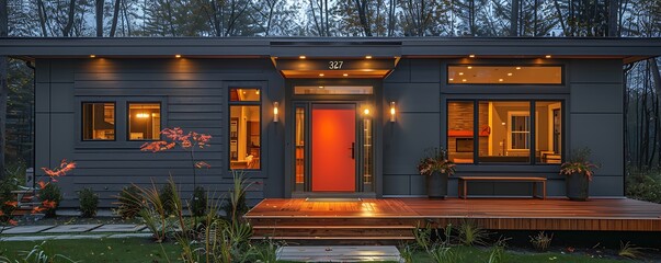 Elegant modern farmhouse exterior at twilight, featuring soft amber lighting reflecting off sleek grey siding and a vibrant red door, with a spacious wooden porch.