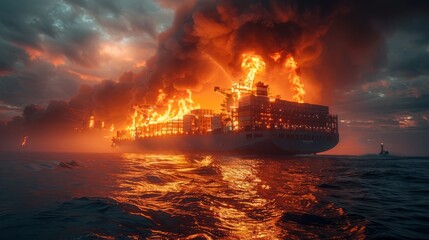 Fototapeta premium In a terrifying maritime accident, a container ship is enveloped in aggressive flames, inciting an atmosphere of danger and requiring urgent firefighting initiatives.