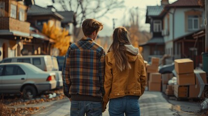 Fototapeta premium A young couple walks away from a damaged residential area with abandoned cars and debris surrounding them