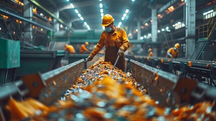 Obraz premium Amidst the hum of conveyor belts, employees at the waste sorting facility divide the recyclable from non-recyclable, ensuring environmental responsibility in waste disposal.