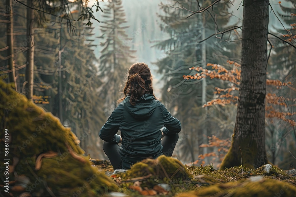 Wall mural a woman sitting in the middle of a forest