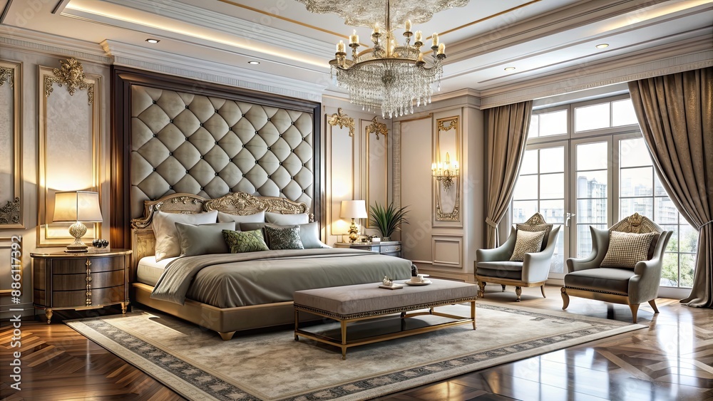 Poster Luxurious bedroom interior with elegant decor and comfortable furniture, luxury, bedroom, interior, elegant, decor, comfortable