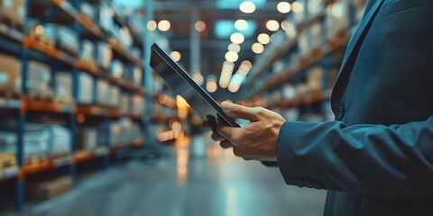 Businessman Tracking Inventory on Digital Tablet in Efficient Warehouse Setting for Online Business and E Commerce