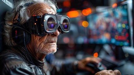 An elderly man with gray hair wearing VR goggles, headphones, and a black jacket uses a controller while experiencing virtual reality