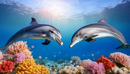 Obraz premium Dolphin Ocean Ballet: Dolphins Dancing Amid Vibrant Coral