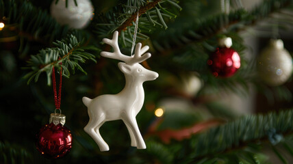 White reindeer ornament on Christmas tree with red and white baubles