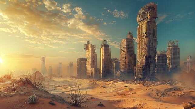 science fiction ruined abandoned post apocalyptic city dystopia in desert wasteland