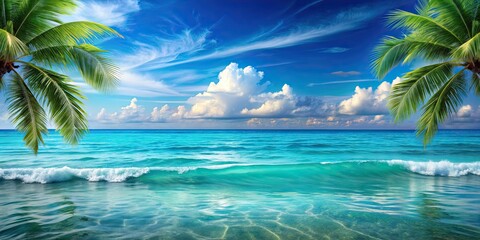 Obraz premium Tropical teal blue ocean horizon seascape , ocean, horizon, seascape, tropical, teal, blue,water, waves, vacation
