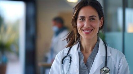Smiling female doctor wearing a stethoscope, standing in a modern medical environment with a blurred colleague in the background. Professional healthcare setting.