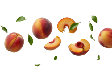 Flying Peach fruit with half slice and green leaves in the air with leaves isolated on background, Delicious fruit in summer season.
