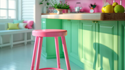 Bright colorful kitchen with pink stool and green cabinets.