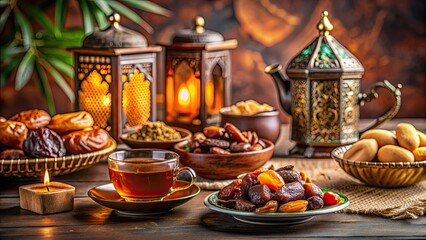 Iftar table set with a cup of tea, dates, dried fruits, sweets, and decorations for Eid celebration, Iftar, table