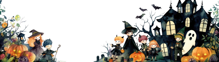 Enchanting watercolor illustration of a haunted house with kids dressed as witches and wizards, leaving a space for text
