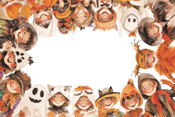 Fototapeta premium Fun watercolor artwork of a Halloween costume contest with kids in creative outfits and a dedicated space for text