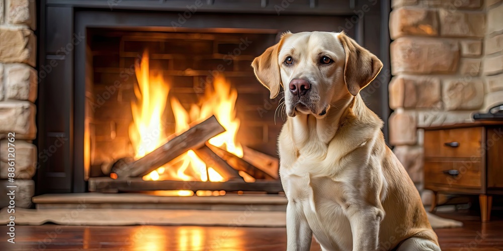 Canvas Prints Labrador retriever sitting calmly by cozy fireplace, dog, pet, animal, Labrador retriever, relaxing, fireplace, cozy