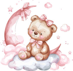 Cute Baby Bear Girl On Moon Watercolor Vector Illustration.